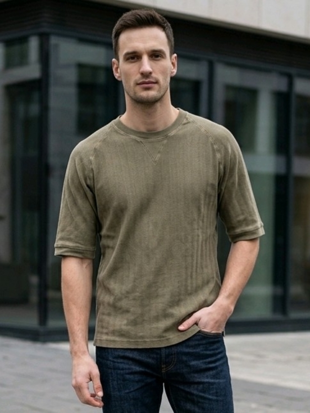 Vtg Territory Ahead Khaki Green, Ribbed, Long-Sleeve Crewneck Shirt XL